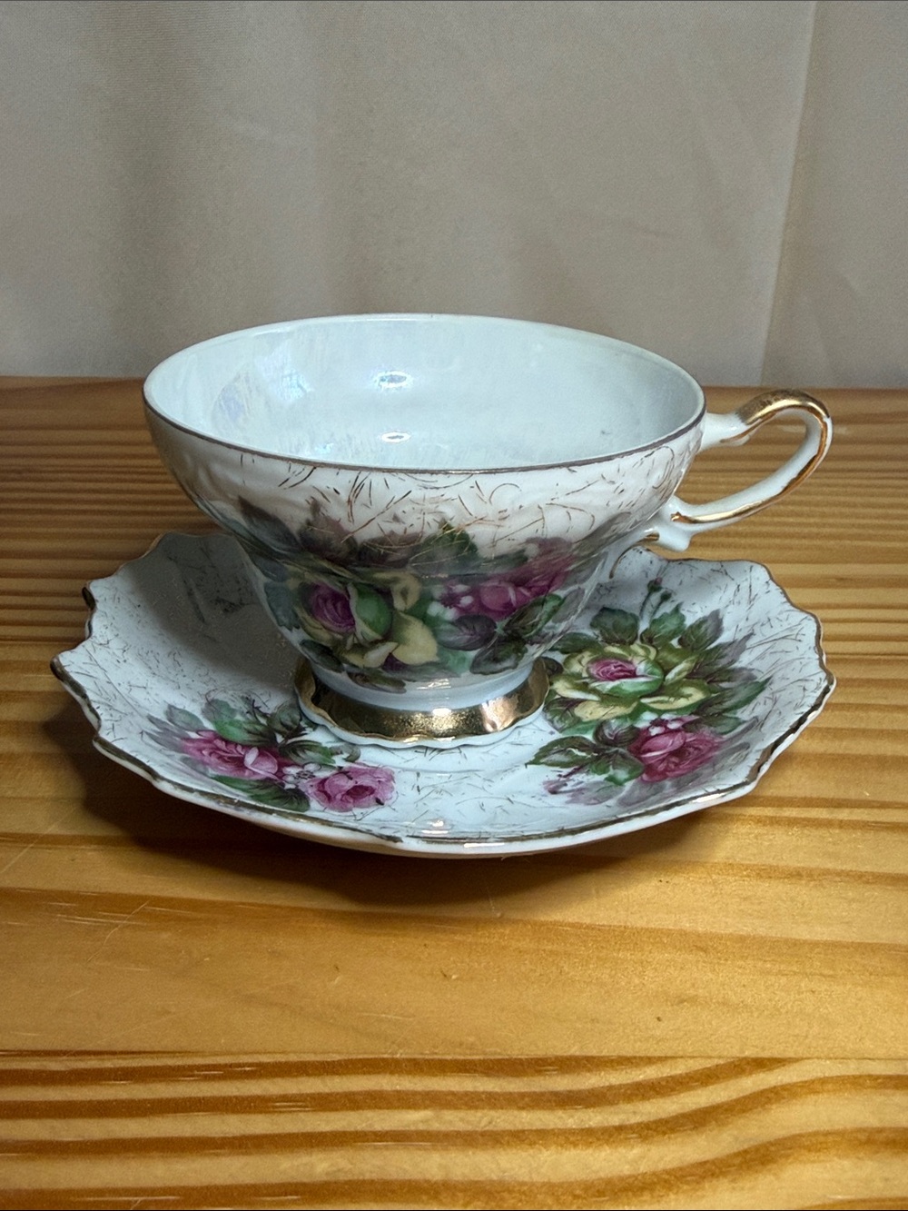 Vintage Relco Japan Iridescent Lusterware Floral Teacup & Saucer Set